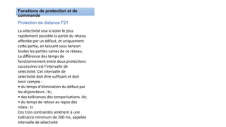 Protection de distance F21
La sélectivité vise à isoler le plus
rapidement possible la partie du réseau
affectée par un défaut, et uniquement
cette partie, en laissant sous tension
toutes les parties saines de ce réseau.
La différence des temps de
fonctionnement entre deux protections
successives est l'intervalle de
sélectivité. Cet intervalle de
sélectivité doit être suffisant et doit
tenir compte :
• du temps d'élimination du défaut par
les disjoncteurs : tc;
• des tolérances des temporisations :At;
• du temps de retour au repos des
relais : tr.
Ces trois contraintes amènent à une
tolérance minimum de 200 ms, appelée
intervalle de sélectivité
 