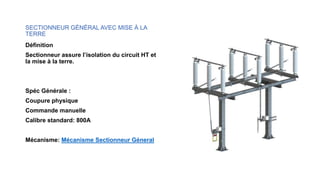 SECTIONNEUR GÉNÉRAL AVEC MISE À LA
TERRE
Définition
Sectionneur assure l’isolation du circuit HT et
la mise à la terre.
Spéc Générale :
Coupure physique
Commande manuelle
Calibre standard: 800A
Mécanisme: Mécanisme Sectionneur Géneral
 