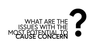 WHAT ARE THE
ISSUES WITH THE
MOST POTENTIAL TO
CAUSE CONCERN?
 