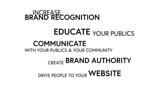 INCREASE
BRAND RECOGNITION
EDUCATE YOUR PUBLICS
COMMUNICATE
WITH YOUR PUBLICS & YOUR COMMUNITY
CREATE BRAND AUTHORITY
WEBSITEDRIVE PEOPLE TO YOUR
 