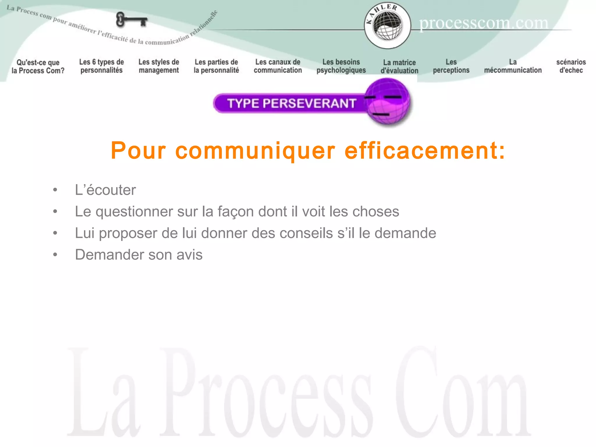 Pour communiquer efficacement:
•   L’écouter
•   Le questionner sur la façon dont il voit les choses
•   Lui proposer de lui donner des conseils s’il le demande
•   Demander son avis
 