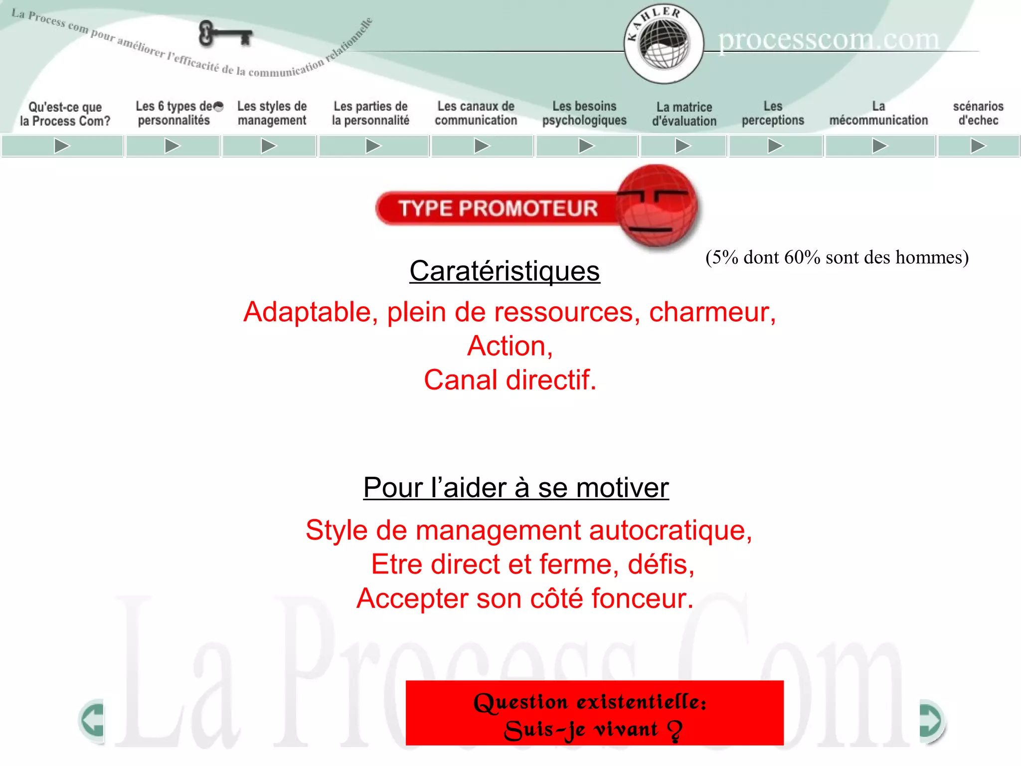(5% dont 60% sont des hommes)
             Caratéristiques
Adaptable, plein de ressources, charmeur,
                  Action,
              Canal directif.


         Pour l’aider à se motiver
    Style de management autocratique,
         Etre direct et ferme, défis,
        Accepter son côté fonceur.


                 Question existentielle:
                 « Suis-je vivant ? »
 