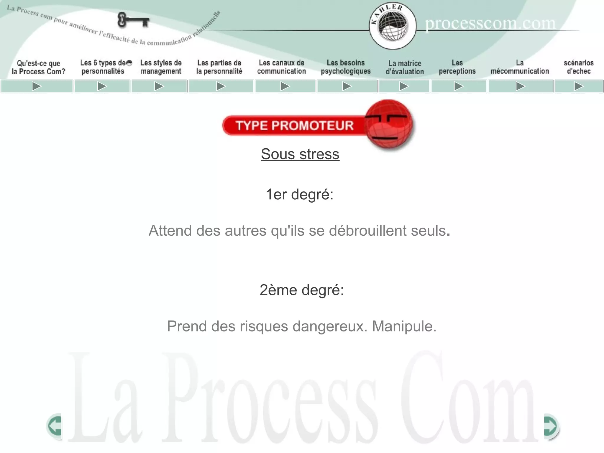 Sous stress

                  1er degré:

Attend des autres qu'ils se débrouillent seuls.


                 2ème degré:

  Prend des risques dangereux. Manipule.
 
