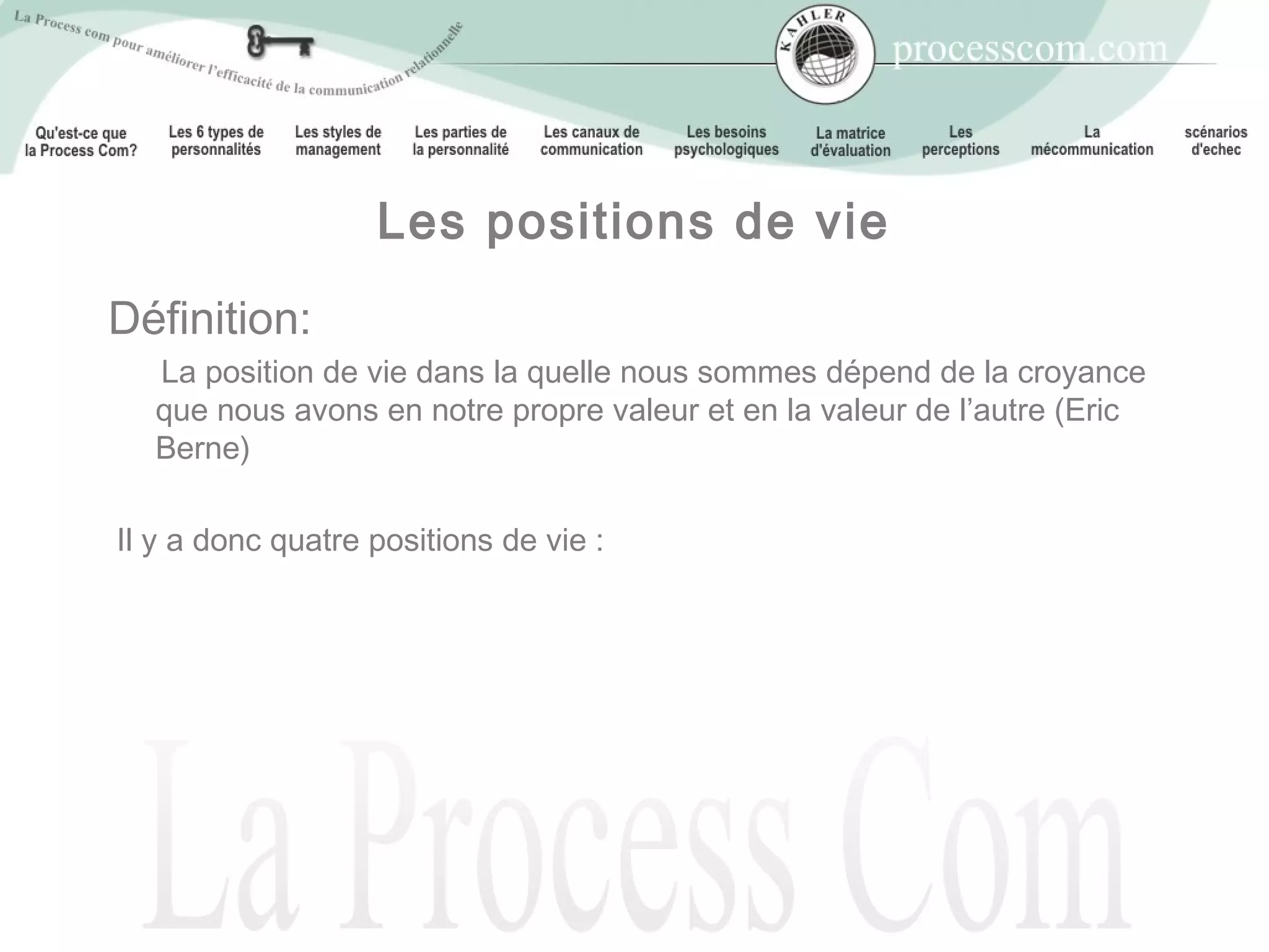 Les positions de vie
Définition:
  La position de vie dans la quelle nous sommes dépend de la croyance
  que nous avons en notre propre valeur et en la valeur de l’autre (Eric
  Berne)

Il y a donc quatre positions de vie :
 