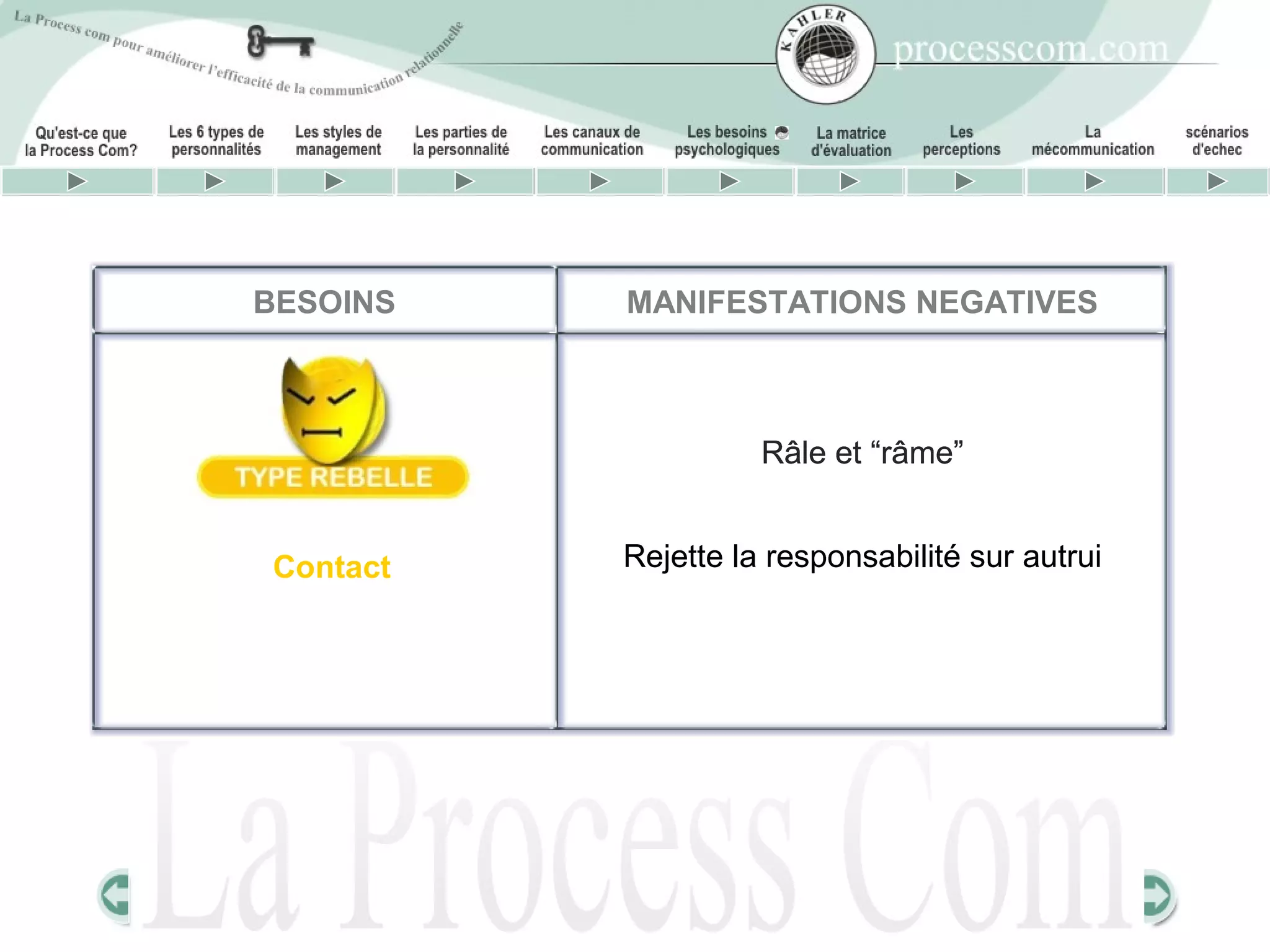 BESOINS   MANIFESTATIONS NEGATIVES



                    Râle et “râme”


Contact   Rejette la responsabilité sur autrui
 