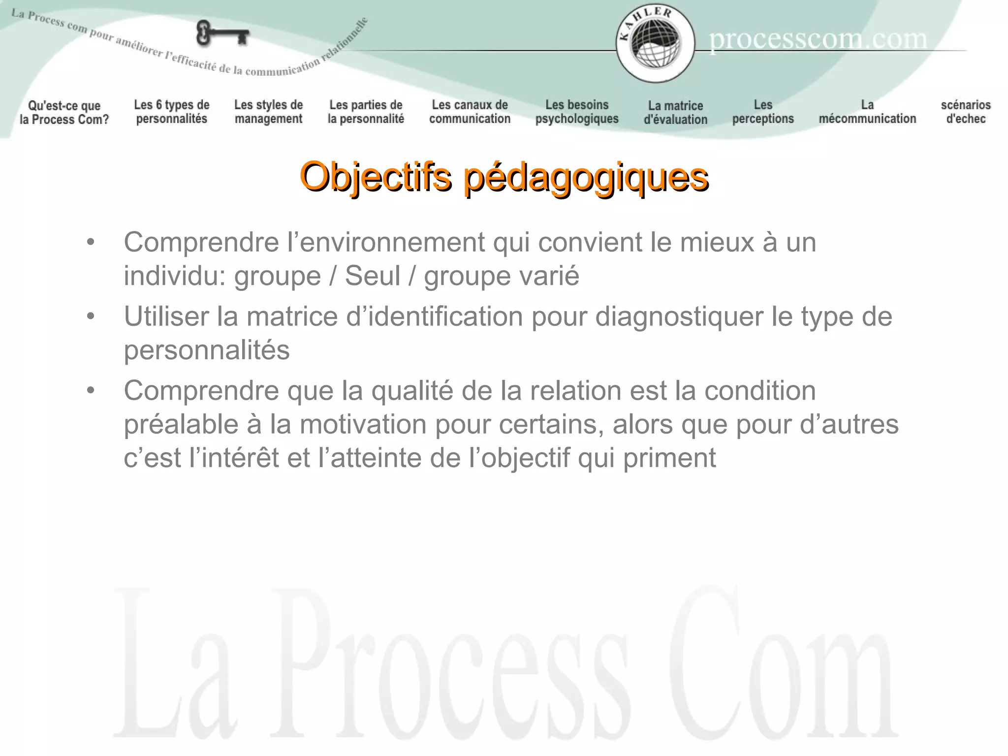 Objectifs pédagogiques
•   Comprendre l’environnement qui convient le mieux à un
    individu: groupe / Seul / groupe varié
•   Utiliser la matrice d’identification pour diagnostiquer le type de
    personnalités
•   Comprendre que la qualité de la relation est la condition
    préalable à la motivation pour certains, alors que pour d’autres
    c’est l’intérêt et l’atteinte de l’objectif qui priment
 