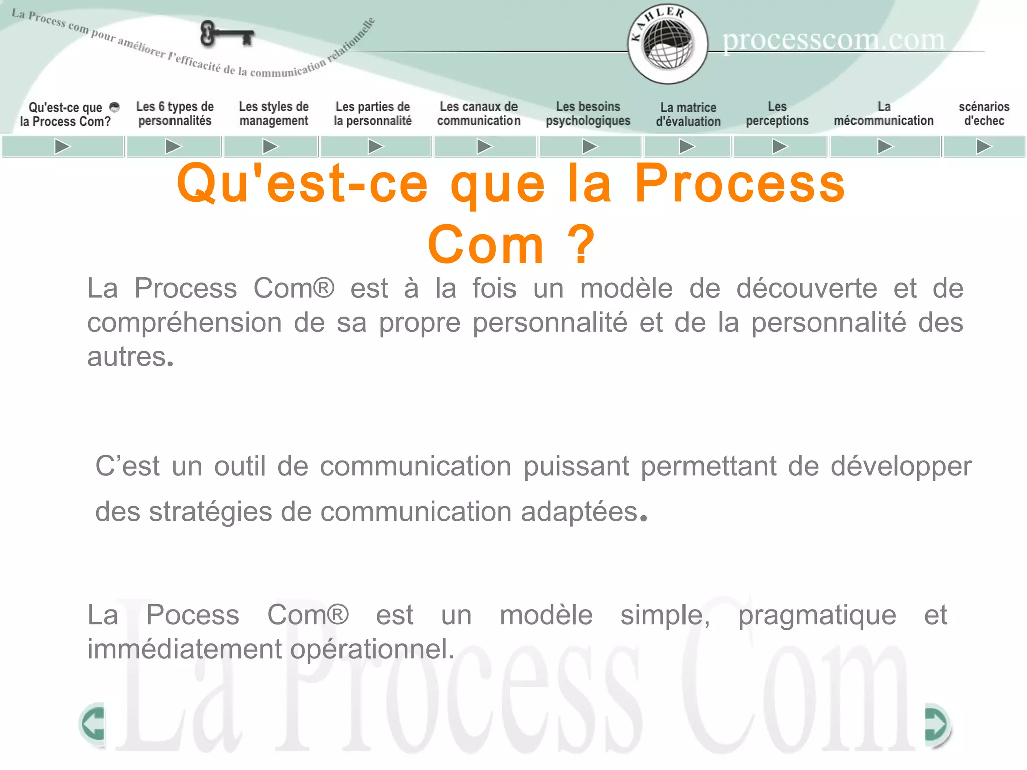 Qu'est-ce que la Process
               Com ?
La Process Com® est à la fois un modèle de découverte et de
compréhension de sa propre personnalité et de la personnalité des
autres.


C’est un outil de communication puissant permettant de développer
des stratégies de communication adaptées.


La Pocess Com® est un modèle simple, pragmatique et
immédiatement opérationnel.
 