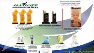 Recognized as the fastest growing
MLM company in Asia by Asian
Networkers Magazine
Asian ConsumersChoice Awards
Most Outstanding MLM-Direct Sales Company
Most Outstanding Nutraceutical Food Supplement
Asian Star Brand
Most Outstanding
Nutritional Supplement
Asia-Pacific
Excellence Award
Outstanding Global
Marketing Company
Global Awards for
Marketing Excellence
Most Outstanding
Wellness Technology
Philippine Marketing
Excellence Award
Most Outstanding
Nutritional Technology Supplement
Asian Business &
Marketing Quality Awards
Most Outstanding
Mega Nutritional Supplement
Consumers Choice &
Gold Seal of Quality Awards
No.1 Global MLM Direct Sales Company
No.1 Nutraceutical Food Supplement
No.1 Healthy Coffee
Le complément
nutritionnel leplus
remarquable
Entreprise au système
mondial exceptionnel
Reconnucomme la société de MLM
à croissance laplus rapide enAsie
par AsianNetworkers Magazine
 