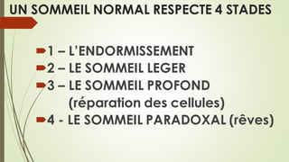 UN SOMMEIL NORMAL RESPECTE 4 STADES
1 – L’ENDORMISSEMENT
2 – LE SOMMEIL LEGER
3 – LE SOMMEIL PROFOND
(réparation des cellules)
4 - LE SOMMEIL PARADOXAL (rêves)
 