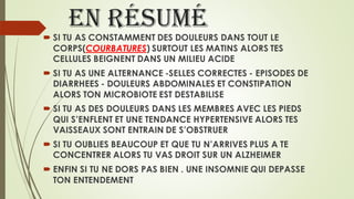 En résumé
 SI TU AS CONSTAMMENT DES DOULEURS DANS TOUT LE
CORPS(COURBATURES) SURTOUT LES MATINS ALORS TES
CELLULES BEIGNENT DANS UN MILIEU ACIDE
 SI TU AS UNE ALTERNANCE -SELLES CORRECTES - EPISODES DE
DIARRHEES - DOULEURS ABDOMINALES ET CONSTIPATION
ALORS TON MICROBIOTE EST DESTABILISE
 SI TU AS DES DOULEURS DANS LES MEMBRES AVEC LES PIEDS
QUI S’ENFLENT ET UNE TENDANCE HYPERTENSIVE ALORS TES
VAISSEAUX SONT ENTRAIN DE S’OBSTRUER
 SI TU OUBLIES BEAUCOUP ET QUE TU N’ARRIVES PLUS A TE
CONCENTRER ALORS TU VAS DROIT SUR UN ALZHEIMER
 ENFIN SI TU NE DORS PAS BIEN . UNE INSOMNIE QUI DEPASSE
TON ENTENDEMENT
 