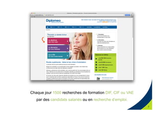 2
Chaque jour 1500 recherches de formation DIF, CIF ou VAE
par des candidats salariés ou en recherche d’emploi.
 