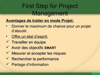 First Step for Project
Management
Avantages de traiter en mode Projet:
• Donner le maximum de chance pour un projet
d’aboutir.
• Offre un état d’esprit:
 Travailler en équipeTravailler en équipe
 Avoir des objectifsAvoir des objectifs SMART
 Mesurer et accepter les risquesMesurer et accepter les risques
 Rechercher la performanceRechercher la performance
 Partage d’information
 