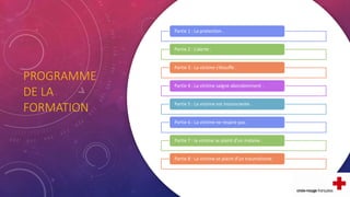 PROGRAMME
DE LA
FORMATION
Partie 1 : La protection .
Partie 2 : L’alerte .
Partie 3 : La victime s’étouffe .
Partie 4 : La victime saigne abondamment .
Partie 5 : La victime est inconsciente .
Partie 6 : La victime ne respire pas .
Partie 7 : la victime se plaint d’un malaise .
Partie 8 : La victime se plaint d’un traumatisme.
 