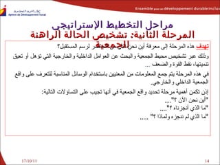17/10/11 مراحل التخطيط الإستراتيجي المرحلة الثانية :  تشخيص الحالة الراهنة للجمعية تهدف  هذه المرحلة إلى معرفة أين نحن الآن من الحاضر لرسم المستقبل؟ وذلك عبر  تشخيص محيط الجمع ي ة والبحث عن العوامل الداخلية والخارجية التي تؤهل أو تعيق تنميتها، نقط القوة والضعف   ... في هذه  المرحلة يتم جمع المعلومات من المعنيين باستخدام الوسائل المناسبة للتعرف على واقع الجمعية الداخلي والخارجي . إذن تكمن أهمية مرحلة تحديد واقع الجمعية في أنها تجيب على التساؤلات التالية :  " أين نحن الآن ؟ ".... " ما الذي أنجزناه ؟ ".... " ما الذي لم ننجزه ولماذا ؟ " .... . 