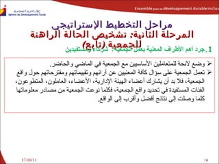 17/10/11 مراحل التخطيط الإستراتيجي المرحلة الثانية :  تشخيص الحالة الراهنة للجمعية  ( تابع ) جرد أهم الأطراف المعنية بعمل الجمعية :  شركاء ومستفيدين وضع لائحة للمتعاملين الأساسيين مع الجمعية في الماضي والحاضر . تعمل الجمعية على سؤال كآفة المعنيين عن آرائهم وتقييماتهم ومقترحاتهم حول واقع   الجمعية، فلا بد أن يشارك أعضاء الهيئة الإدارية، الأعضاء، العاملون، المتطوعون، الفئات المستفيدة في تحديد واقع الجمعية، فكلما نوعت الجمعية من مصادر معلوماتها كلما وصلت إلى نتائج أفضل وأقرب إلى الواقع .  