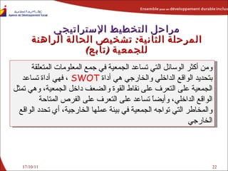 17/10/11 مراحل التخطيط الإستراتيجي المرحلة الثانية :  تشخيص الحالة الراهنة للجمعية  ( تابع ) ومن أكثر الوسائل التي تساعد الجمعية في جمع المعلومات المتعلقة بتحديد الواقع الداخلي والخارجي هي أداة  SWOT   ، فهي أداة تساعد الجمعية على التعرف  على  نقاط القوة والضعف داخل الجمعية، وهي تمثل الواقع الداخلي، وأيضاً تساعد على التعرف على الفرص المتاحة والمخاطر التي تواجه الجمعية في بيئة عملها الخارجية، أي تحدد الواقع الخارجي 