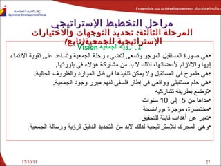 17/10/11 1.  رؤية الجمعية  Vision هي صورة المستقبل المرجو وتسعى لتضيء رحلة الجمعية وتساعد على تقوية الانتماء إليها والالتزام لأعضائها، لذلك لا بد من مشاركة هؤلاء في بلورتها . هي طموح في المستقبل ولا يمكن تنفيذها في ظل الموارد والظروف الحالية . هي حلم مستقبلي وواقعي في إطار فلسفي لفهم مبرر وجود الجمعية . توضع بطريقة تشاركيه مداها من  5  إلى  10   سنوات مختصرة ، موجزة ،وواضحة تعبر عن أهداف قابلة للتحقيق وهي المحرك للإستراتيجية لذلك لابد من التحديد الدقيق لرؤية ورسالة الجمعية . مراحل التخطيط الإستراتيجي المرحلة الثالثة :   تحديد ا لتوجهات والاختيارات  الإستراتيجية لل جمعية ( تابع )  