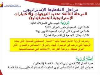 الرؤية  تجيب على التساؤلات الآتية : ماذا تريد الجمعية وماهي الحوافز لذلك؟ ما هي الصورة التي ترغب الجمعية الظهور بها؟ كيف يمكن  للجمعية إن تقدم حياة أفضل؟ مراحل التخطيط الإستراتيجي المرحلة الثالثة :   تحديد ا لتوجهات والاختيارات  الإستراتيجية لل جمعية ( تابع )  وتعرف الرؤية الإستراتيجية بأنها  "  المسار المستقبلي لل جمعية  الذي يحدد الوجهة التي ترغب في الوصول إليها، والمركز  الاجتماعي والتنموي  الذي تنوي تحقيقه، ونوعية القدرات والإمكانات التي تخطط لتنميتها " أمثلة لرؤية حياة أفضل للأشخاص ذوي الحاجات الخاصة  ( المعاقين ) مجتمع أكثر احتراما للأشخاص ذوي الحاجات الخاصة وللمعاقين .... بصفة خاصة 