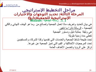 17/10/11 1.1.  رسالة الجمعية  : Mission  هي بيان لتحديد وتعريف ماذا تعمل الجمعية ولصالح من  وما هو الهدف النهائي والكلي للجمعية  -  الرسالة ناذرا ما تتغير . هي وثيقة  بمثابة دليل ودستور الجمعية تغطي مدة زمنية طويلة تحدد طبيعة نشاط الجمعية والخدمات التي تقدمها وكذا الشركاء والمستفيدين تحدد المرجعيات الأخلاقية و القيم التي تميز الجمعية عن غيرها . تركز على الرؤيا وتتضمن الأهداف العامة مراحل التخطيط الإستراتيجي المرحلة الثالثة :   تحديد ا لتوجهات والاختيارات  الإستراتيجية لل جمعية ( تابع )  