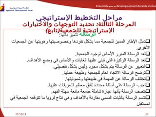 17/10/11 الرسالة  تتميز بأنها : تمثل الإطار المميز  للجمعية  مما يشكل تفردها وخصوصيتها وهويتها عن ال جمعيات  الأخرى .  تعد الرسالة المبرر الأساس لوجود ال جمعية . تعد الرسالة الركيزة التي تبنى عليها الغايات والأساس في وضع الأهداف . التعبير عن الرسالة يتم بشكل مجرد وليس بشكل تفصيلي . توضح الرسالة الاتجاه العام لل جمعية  وطبيعة عملها . تختلف الرسالة عن المهمة في طبيعتها وشموليتها . تجيب الرسالة على أسئلة محددة تتفق معظم التعريفات عليها . تتصف الرسالة بأنها عبارة شاملة جامعة مانعة سهلة الفهم . تتسم الرسالة بالثبات النسبي مقارنة بالأهداف وهي نتاج لرؤيا ما تتوقعه ال جمعية  في المستقبل . مراحل التخطيط الإستراتيجي المرحلة الثالثة :   تحديد ا لتوجهات والاختيارات  الإستراتيجية لل جمعية ( تابع )  