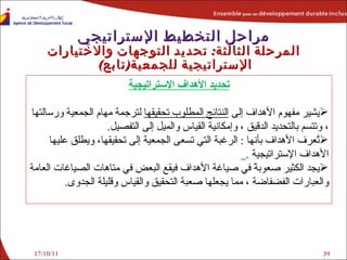 17/10/11 مراحل التخطيط الإستراتيجي المرحلة الثالثة :   تحديد ا لتوجهات والاختيارات  الإستراتيجية لل جمعية ( تابع )  تحديد الأهداف الإستراتيجية يشير مفهوم الأهداف إلى  النتائج المطلوب تحقيقها  لترجمة مهام  الجمعية  ورسالتها ، وتتسم بالتحديد الدقيق ، وإمكانية القياس والميل إلى التفصيل . تُعرف الأهداف بأنها  :  الرغبة التي تسعى  الجمعية  إلى تحقيقها، ويطلق عليها الأهداف الإستراتيجية  .   يجد الكثير صعوبةً في صياغة الأهداف فيقع البعض في متاهات الصياغات العامة والعبارات الفضفاضة ، مما يجعلها صعبة التحقيق والقياس وقليلة الجدوى . 