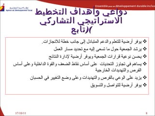 يوفر أرضية للتعلم والدعم المتبادل إلى جانب خطة للانجازات . يرشد الجمعية حول ما تسعى إليه مع تحديد مسار العمل يحسن نوعية قرارات الجمعية ويوفر أرضية لإدارة النتائج يساهم في تجاوز التحديات  على أساس نقاط الضعف والقوة الداخلية وعلى أساس الفرص والتهديدات الخارجية يزيد على الوعي بالفرص والتهديدات وعلى وضع التغيير في الحسبان  يوفر أرضية للتواصل والتسويق دواعي وأهداف التخطيط الاستراتيجي التشاركي ( تابع ) 17/10/11 