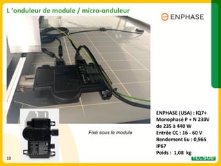 10
10
L ’onduleur de module / micro-onduleur
ENPHASE (USA) : IQ7+
Monophasé P + N 230V
de 235 à 440 W
Entrée CC : 16 - 60 V
Rendement Eu : 0,965
IP67
Poids : 1,08 kg
Fixé sous le module
 