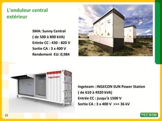15
15
SMA: Sunny Central
( de 500 à 800 kVA)
Entrée CC : 430 - 820 V
Sortie CA : 3 x 400 V
Rendement EU: 0,984
L'onduleur central
extérieur
Ingeteam : INGECON SUN Power Station
( de 610 à 4920 kVA)
Entrée CC : jusqu'à 1500 V
Sortie CA : 3 x 400 V >>> 36 kV
 