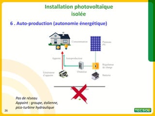 Installation photovoltaïque
isolée
6 . Auto-production (autonomie énergétique)
Pas de réseau
Appoint : groupe, éolienne,
pico-turbine hydraulique
Réseau électrique
Régulateur
de charge
Panneau
PV
Consommation
Générateur
d’appoint
Autoproduction
Batterie
Onduleur
Appoint
26
 