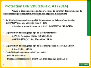 Protection DIN VDE 126-1-1 A1 (2014)
Assure le découplage des onduleurs, en cas de variation des paramètres de
tension réseau pour assurer la protection des appareils d’utilisations
▪ Le distributeur garanti une qualité de fourniture sur la base d’une tension
230V/400V avec une variation maxi + - 10%
la tension réseau est comprise entre 210,4V/366V et 249,6v/434v
▪ La protection de découplage agit de façon instantanée
< 47,5 Hz fréquence réseau (50Hz) >50,6 Hz
< 80 % Un(230v)>115% 184v <Un> 264,5v
▪ La protection de découplage agit de façon temporisée mesure sur 10 min
Si Un> 110% >253V
▪ Contrôle impédance temporisé 5 secondes
Max de Z Max de ΔZ
Impédance raccordement amont 1,25 Ω au couplage puis 1,75 Ω
3
 