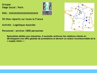 Spécialiste dédiés aux industries, il souhaite renforcer les relations clients en développant une offre globale de prestations et devenir un acteur incontournable de la « supply chain » :   Groupe: Siège Social : Paris  PDG : XXXXXXXXXXXXXXXXXXXX 50 Sites répartis sur toute la France Activité : Logistique Associée Personnel : environ 1800 personnes                                                                                                             