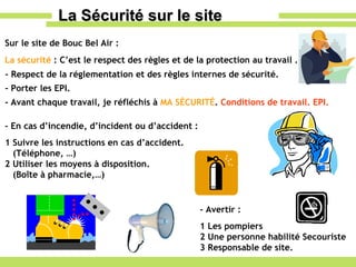 La Sécurité sur le site La sécurité  : C’est le respect des règles et de la protection au travail . Sur le site de Bouc Bel Air : - Respect de la réglementation et des règles internes de sécurité. - Avant chaque travail, je réfléchis à  MA SÉCURITÉ .  Conditions de travail. EPI. - Porter les EPI.  - En cas d’incendie, d’incident ou d’accident :  1 Suivre les instructions en cas d’accident. (Téléphone,   …) 2 Utiliser les moyens à disposition.  (Boîte à pharmacie,…) - Avertir : 1 Les pompiers 2 Une personne habilité Secouriste 3 Responsable de site.   