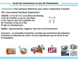 Avant de commencer un peu de Vocabulaire Vocabulaire : Voici quelques définitions pour mieux comprendre la Qualité  SMQHSE : C’est le  PDCA  ou la Roue de Deming. C’est de  P lanifier ce qu’on veut faire. C’est  F aire ce que l’on a planifié. Do De  C ontrôler ce qu’on a fait. D’ A gir en conséquences. MQHSE : Manuel Qualité, Hygiène, Sécurité et Environnement   Processus : un ensemble d’activités corrélées qui transforme des éléments  d’entrées en éléments de sortie. Ils sont représentés sous la forme d’une  Cartographie. ISO= International Standards Organization P D A C 