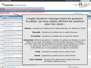 L'onglet Questions regroupe toutes les questions
  du pétale. Les sous-onglets affichent les questions
                  selon leur statut :
 Actives : Questions du pétale avec le statut Nouveau, En attente ou Traité

           Nouvelle : Questions du pétale avec le statut Nouveau

         En attente : Questions du pétale avec le statut En attente

Acheminée (Referred questions) : Question du pétale qui implique un autre
   pétale ou un expert du domaine et avec le statut Nouveau, En attente
 ou Traité. Cette liste est généralement utilisée par les pétales qui utilisent
         le service par mail. Ils s'en servent pour gérer les question
          acheminées par un autre pétale ou un expert du domaine.

              Traité : Questions du pétale avec le statut Traité

             Fermé : Questions du pétale avec le statut Fermé

       Liste complète : Questions du pétale avec le statut Nouveau,
                        En attente, Traité et Fermé

                                                                                  23
 