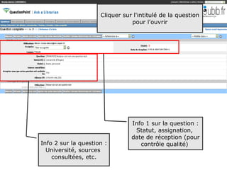 Cliquer sur l'intitulé de la question
                                pour l'ouvrir




                                Info 1 sur la question :
                                 Statut, assignation,
                                date de réception (pour
Info 2 sur la question :           contrôle qualité)
  Université, sources
    consultées, etc.
                                                             39
 