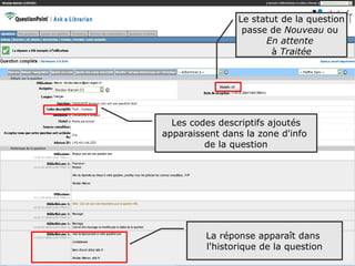 Le statut de la question
                 passe de Nouveau ou
                      En attente
                       à Traitée




  Les codes descriptifs ajoutés
apparaissent dans la zone d'info
         de la question




         La réponse apparaît dans
         l'historique de la question
                                       60
 