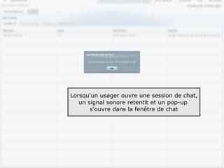 Lorsqu'un usager ouvre une session de chat,
   un signal sonore retentit et un pop-up
       s'ouvre dans la fenêtre de chat




                                              79
 