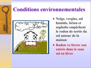 Conditions environnementales
♦ Neige, verglas, sol
humide, béton et
asphalte empêchent
le radon de sortir du
sol autour de la
maison
♦ Radon va forcer son
entrée dans le sous
sol en hiver
 