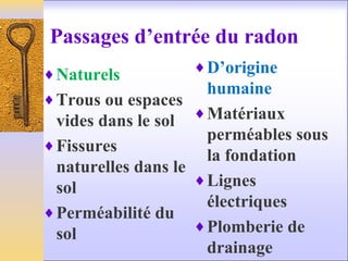Passages d’entrée du radon
♦Naturels
♦Trous ou espaces
vides dans le sol
♦Fissures
naturelles dans le
sol
♦Perméabilité du
sol
♦D’origine
humaine
♦Matériaux
perméables sous
la fondation
♦Lignes
électriques
♦Plomberie de
drainage
 
