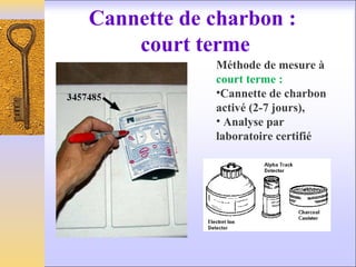 Cannette de charbon :
court terme
Méthode de mesure à
court terme :
•Cannette de charbon
activé (2-7 jours),
• Analyse par
laboratoire certifié
 