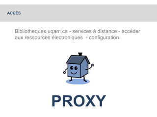 Bibliotheques.uqam.ca - services à distance - accéder 
aux ressources électroniques - configuration 
PROXY 
ACCÈS 
 
