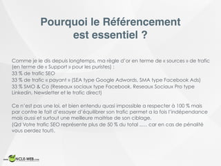 Comme je le dis depuis longtemps, ma règle d’or en terme de « sources » de trafic
(en terme de « Support » pour les puristes) :
33 % de trafic SEO
33 % de trafic « payant » (SEA type Google Adwords, SMA type Facebook Ads)
33 % SMO & Co (Reseaux sociaux type Facebook, Reseaux Sociaux Pro type
Linkedin, Newsletter et le trafic direct)
Ce n’est pas une loi, et bien entendu quasi impossible a respecter à 100 % mais
par contre le fait d’essayer d’équilibrer son trafic permet a la fois l’indépendance
mais aussi et surtout une meilleure maitrise de son ciblage.
(Qd Votre trafic SEO représente plus de 50 % du total ..… car en cas de pénalité
vous perdez tout).
Pourquoi le Référencement
est essentiel ?
 