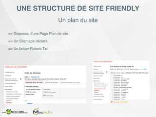 Un plan du site
UNE STRUCTURE DE SITE FRIENDLY
=> Disposez d’une Page Plan de site
=> Un Sitemaps déclaré
=> Un ﬁchier Robots Txt
 