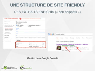 DES EXTRAITS ENRICHIS (« rich snippets »)
UNE STRUCTURE DE SITE FRIENDLY
Gestion dans Google Console
 