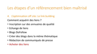 Les étapes d’un référencement bien maîtrisé
4. L’optimisation off site: Le link building
Comment acquérir des liens ?
• Inscription sur des annuaires de qualité
• Echange de liens
• Blogs DoFollow
• Créer des blogs dans la même thématique
• Rédaction de communiqués de presse
• Acheter des liens

 