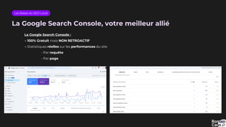 La Google Search Console, votre meilleur allié
La Google Search Console :
→ 100% Gratuit mais NON RETROACTIF
→ Statistiques réelles sur les performances du site
• Par requête
• Par page
Les Bases du SEO Local
 
