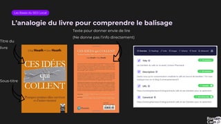 L’analogie du livre pour comprendre le balisage
Titre du
livre
Sous-titre
Texte pour donner envie de lire
(Ne donne pas l’info directement)
Les Bases du SEO Local
 