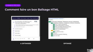 Comment faire un bon Balisage HTML
Les Bases du SEO Local
OPTIMISÉ
A OPTIMISER
 