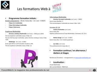  	
  	
  	
  	
  	
  	
  	
  	
  	
  	
  	
  	
  	
  Les	
  forma4ons	
  Web	
  à

                                                                                                                    Informa4que	
  Mul4média	
  	
  	
  	
  	
  
    •        Programme	
  Forma*on	
  Ini*ale	
  :	
                                                                -­‐       Directeur	
  de	
  projet	
  mul*média	
  	
  (en	
  3	
  ans)	
  –	
  5	
  980	
  €
    Années	
  préparatoires	
  	
  	
  (Accès	
  niveau	
  Bac	
  –	
  en	
  1	
  an)	
  –	
  4	
  850	
  €         Accès	
  niveau	
  Bac/Bac	
  +1
    -­‐      Prépa	
  art	
  et	
  mul*média	
                                                                      Titre	
  de	
  développeur	
  mul4média	
  de	
  niveau	
  II	
  (Bac	
  +3/4)
    -­‐      Prépa	
  Informa*que	
  mul*média
    -­‐      Prépa	
  à	
  l’alternance                                                                             Anima4on	
  2D	
  /	
  3D
                                                                                                                    -­‐      Cinéma	
  d’anima*on	
  	
  (en	
  3	
  ans)
    Graphisme	
  Mul4média                                                                                          Accès	
  niveau	
  Bac
    -­‐      Directeur	
  ar*s*que	
  Mul*média	
  	
  (en	
  4	
  ans)	
  –	
  4	
  850	
  puis	
  6	
  200	
  €   Diplôme	
  professionnel	
  de	
  l’Ecole	
  Mul4média	
  «	
  Animateur	
  2D	
  /	
  3D	
  »
    Titre	
  de	
  Graphiste	
  mul4média	
  niveau	
  III	
  (Bac	
  +2)
    Titre	
  de	
  Chef	
  de	
  projet	
  mul4média,	
  op4on	
  direc4on	
  ar4s4que	
  niveau	
  II	
  (Bac      -­‐       Mo*on	
  Design	
  	
  (en	
  1	
  an)	
  –	
  6	
  200	
  €
    +3/4)                                                                                                           Accès	
  niveau	
  Bac	
  +2	
  en	
  créa4on	
  graphique
    -­‐       Webdesign	
  	
  	
  (en	
  1	
  an)	
  –	
  6	
  200	
  €
    Accès	
  après	
  BTS	
  en	
  communica4on	
  visuelle	
  ou	
  SRC                                            -­‐       Jeu	
  Vidéo	
  	
  (en	
  2	
  ans)
    Titre	
  de	
  Graphiste	
  mul4média	
  niveau	
  III	
  (Bac	
  +2)                                           Titre	
  professionnel	
  de	
  niveau	
  Bac	
  +2


                                                                                                                    •         Forma*on	
  con*nue	
  /	
  en	
  alternance	
  /	
  
                                                                                                                              Ateliers	
  et	
  Stages

                                                                                                                    Nombreuses	
  forma4ons	
  –	
  renseignements	
  sur	
  www.ecole-­‐mul4media.com


                                                                                                                    •         Localisa*on	
  :	
  
                                                                                                                    L’Ecole	
  Mul4média
                                                                                                                    201	
  rue	
  Saint-­‐Mar4n	
  	
  75003	
  Paris

FrenchWeb.fr, le magazine des professionnels du net
 