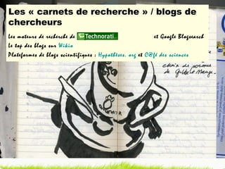 Les « carnets de recherche » / blogs de chercheurs Les moteurs de recherche de blogs :  et Google Blogsearch Le top des blogs sur  Wikio Plateformes de blogs scientifiques :  Hypothèses. org  et  C@fé des sciences 